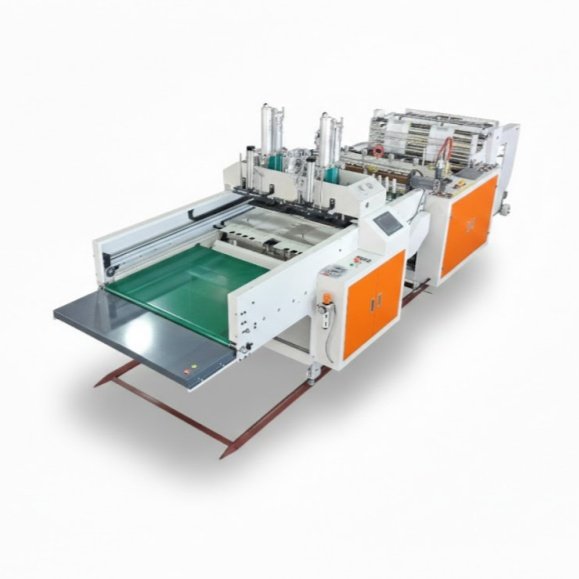 Máquina automática para hacer bolsas plásticas tipo camiseta, con sistema de termosellado y corte térmico, diseñada para producción eficiente de bolsas de LDPE y HDPE.