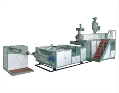 Industrial extrusion machine with multiple components and a staircase.