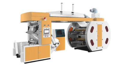 Inicio 26 Industrial printing machine with control panel and multiple rollers.