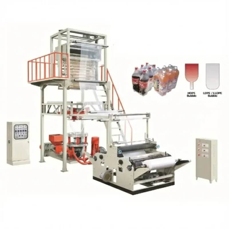 Plastic film blowing machine with control panel and finished product display.