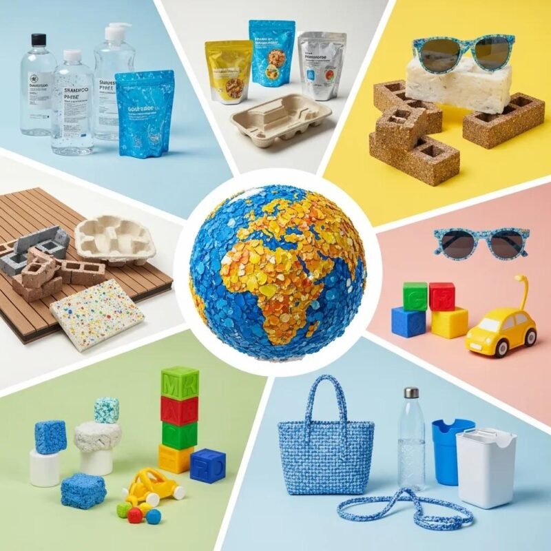 Collage de productos hechos con plásticos reciclados, mostrando aplicaciones en empaques, construcción y bienes de consumo
