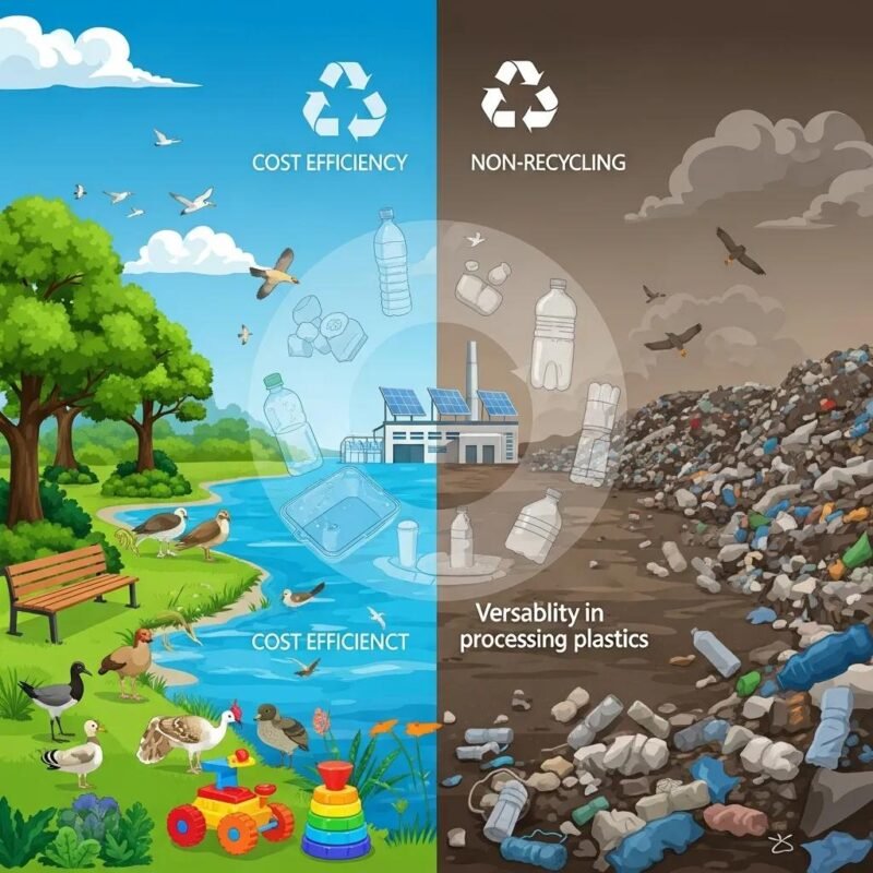 Representación visual de los beneficios del reciclaje de plástico, contrastando un ambiente limpio con residuos plásticos