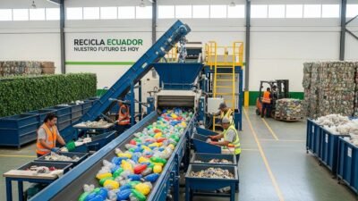 Recycling facility in Ecuador with specialized machinery processing plastic waste