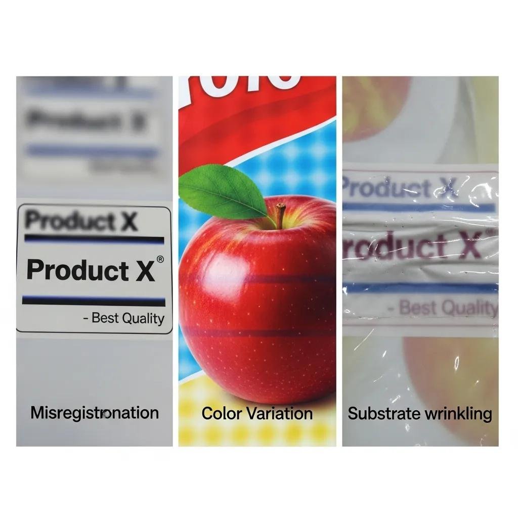 Defectos comunes en impresión flexográfica: desregistro, variación de color y arrugas en el sustrato, ilustrando